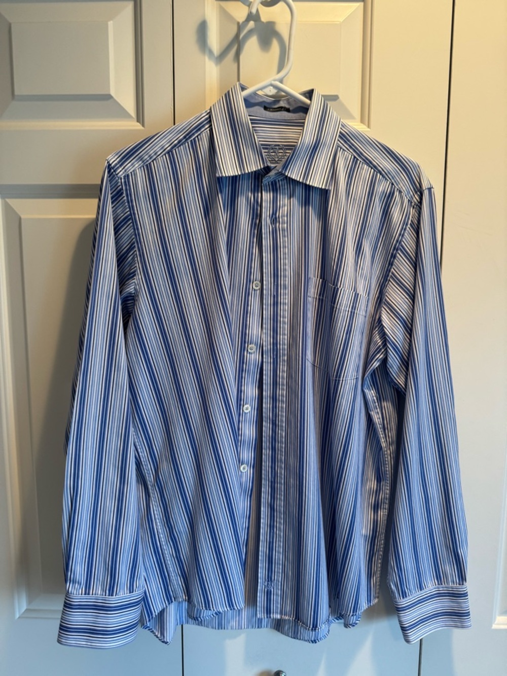 Bugatchi Blue and White Striped Casual Button-Down Shirt